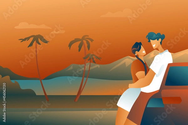 Fototapeta A guy and a girl on the beach are hugging at their car, teenagers in love. Young characters on the background of mountains and palm trees, red sunset, flat design.