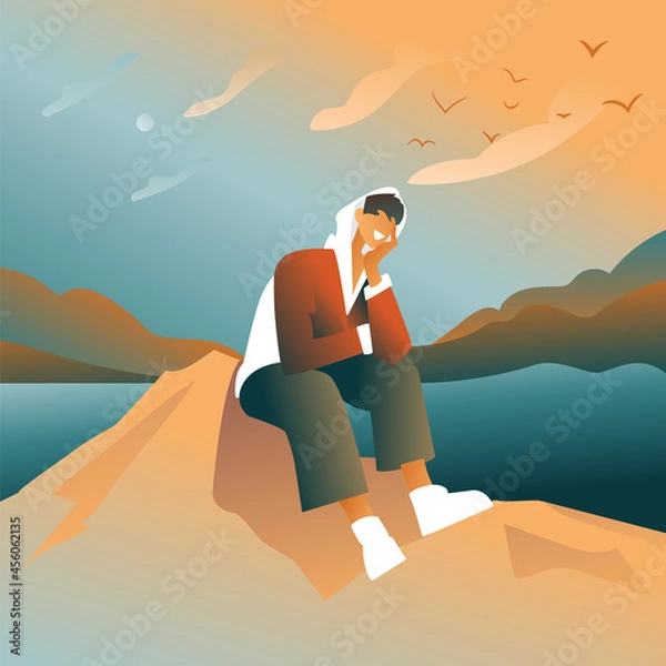 Fototapeta The guy on the mountain is sitting against the background of an abstract sky and birds, a dreamy guy is smiling. Flat design, a young character in a hoodie and sneakers.