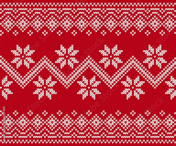 Fototapeta Knit print. Christmas seamless pattern. Red knitted sweater background. Xmas winter geometric texture. Holiday fair isle traditional ornament. Wool pullover. Festive crochet. Vector illustration.