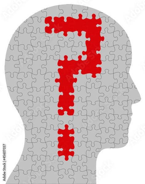 Obraz Profile of head containing a question mark in puzzle format