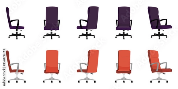 Fototapeta Modern cute beautiful office chair and armchair set with different poses and color isolated on white background