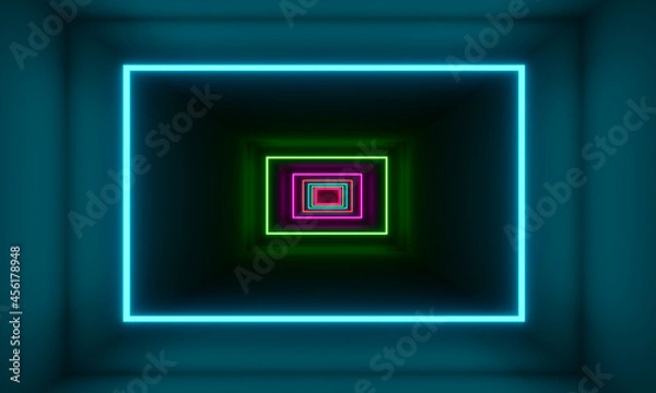 Fototapeta Futuristic tunnel fluorescent lighting. 3d rendering.
