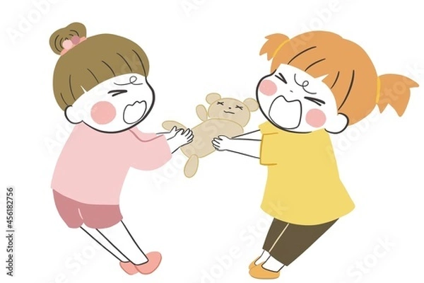 Obraz ぬいぐるみのおもちゃを取り合いする2人の女の子