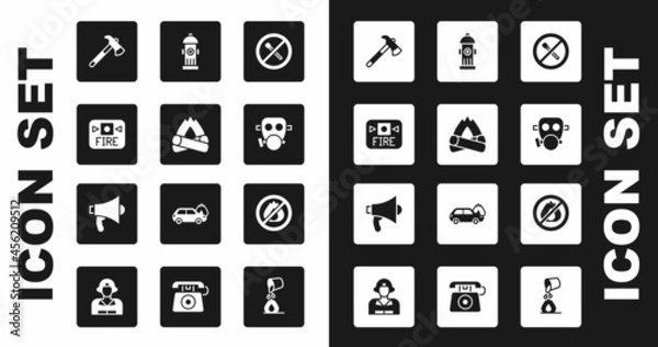 Fototapeta Set No fire match, Campfire, Fire alarm system, Firefighter axe, Gas mask, hydrant, and Megaphone icon. Vector