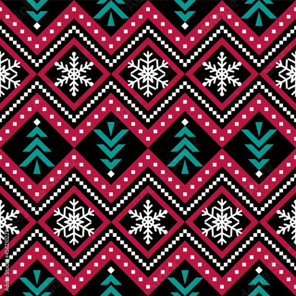 Fototapeta Holidays vector pattern, Christmas seamless pattern, winter pattern with snowflakes 