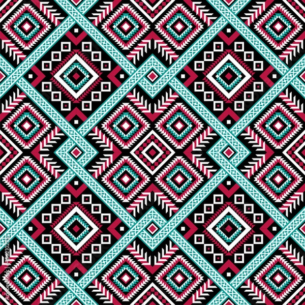 Obraz Traditional pattern, red and green geometric seamless vector pattern on black background