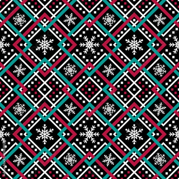 Fototapeta Holidays vector pattern, Christmas seamless pattern, winter pattern with snowflakes 
