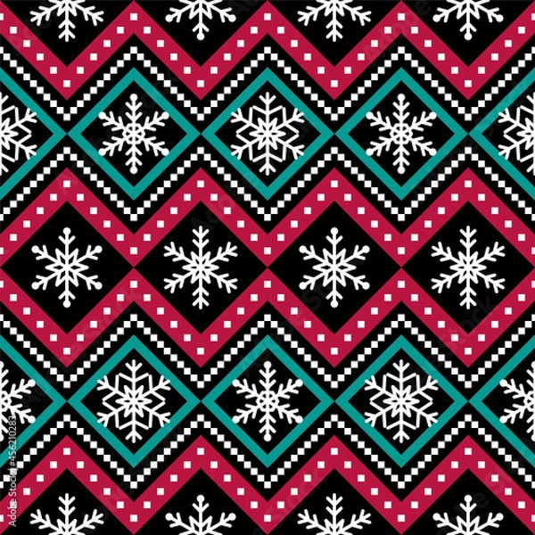 Fototapeta Holidays vector pattern, Christmas seamless pattern, winter pattern with snowflakes 