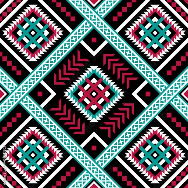 Obraz Traditional pattern, red and green geometric seamless vector pattern on black background