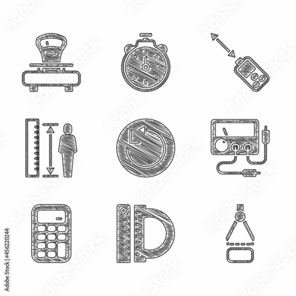 Obraz Set Radius, Protractor and ruler, Drawing compass, Multimeter, voltmeter, Calculator, Measuring height body, Laser distance measurer and Scales icon. Vector