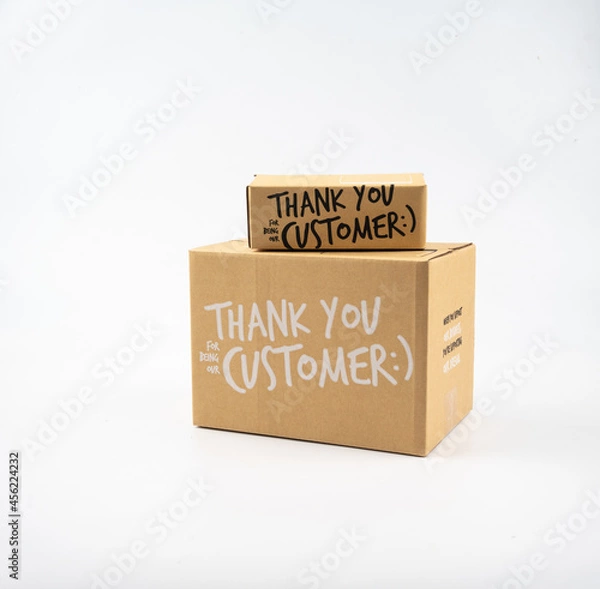 Fototapeta Two closed cardboard boxes taped up, and there is a Thank you for being our customer beside the parcel box for delivery and shopping online concept design isolated on white background.