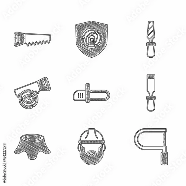 Obraz Set Chainsaw, Lumberjack, Hacksaw, Chisel tool, Tree stump, Hand and log, Rasp metal file and icon. Vector