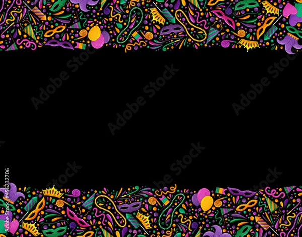 Obraz Mardi Gras backgrond. Mardi Gras beads, yellow, green, purple. Colorful carnival border. Mardi Gras banner, textile, fabric texture. Tradition carnival symbols, confetti, mask, firework, festive flags