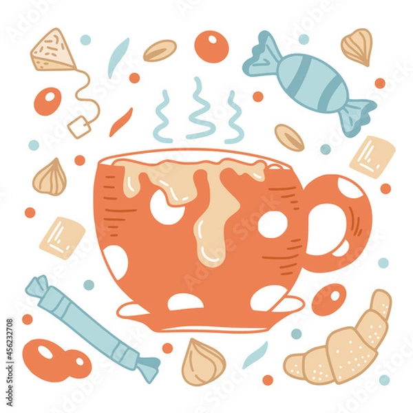 Fototapeta Cappuccino set in hand drawn style, tea, coffee, macchiato in different shapes and forms in autumn colors isolated on white background. Vector illustration.