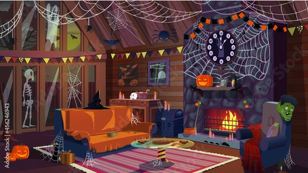 Obraz Vector image of a home interior with upholstered furniture, a warm fireplace, a coffee table and large windows, the interior is decorated for a Halloween holiday with different beautiful and scary dec