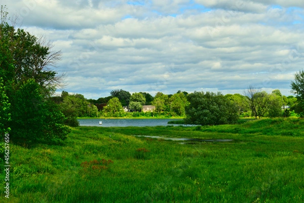 Fototapeta A country house in the Islands of Boucherville national park at the bank of Lawrence (Laurent) River, Montreal, QC on a cloudy summer day. The trees and grass on the river banks