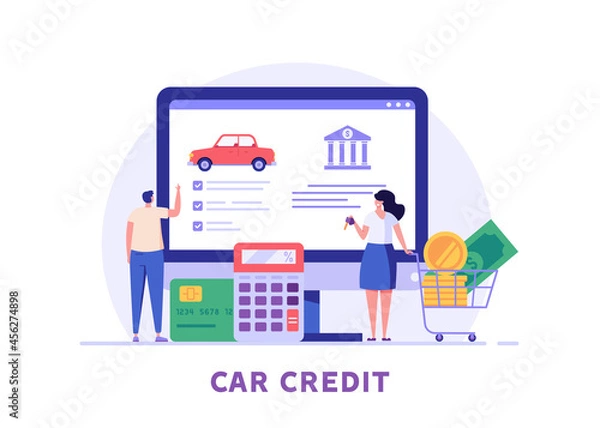 Obraz Couple choosing car online. Happy clients buying new automobile with computer. Concept of auto credit, car loan, auto finance, banking products. Vector illustration in flat for web banners, UI