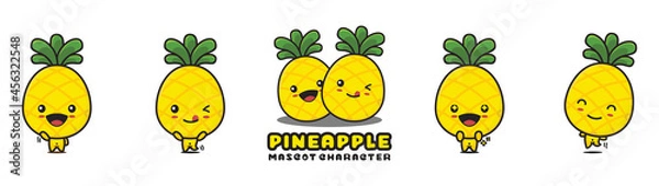 Fototapeta cute pineapple mascot, fruits cartoon illustration, with different facial expressions and poses