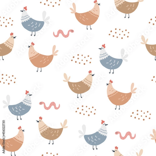 Fototapeta Seamless pattern with hens and worm. Hand drawn vector illustration for kids textile design