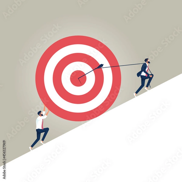 Fototapeta Group of businessmen pulling up target with arrow as symbol of success, hard work, solving the problem and high professional achievements