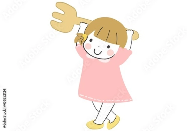 Obraz ごはんが楽しみでワクワクしながら大きなフォークを運ぶかわいい女の子
