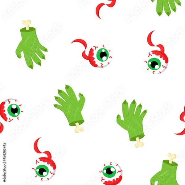 Fototapeta Cute eyeballs and green zombie hands vector halloween seamless pattern on a white background
