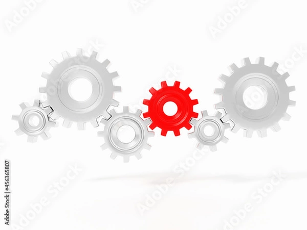 Obraz Many gray connecting gear cogs of different sizes and singe red cog isolated on white background; teamwork and cooperation concept with red leader; flat lay; 3d rendering, 3d illustration