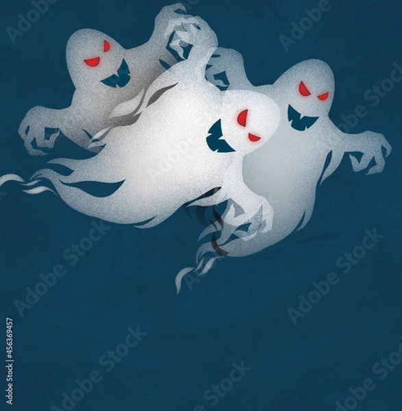 Obraz Duszki, wesołe, białe z czerwonymi oczami na granatowym tle, grafika cyfrowa. Plakat, grafika na ścianę, druk na tkaninę, motyw na halloween.