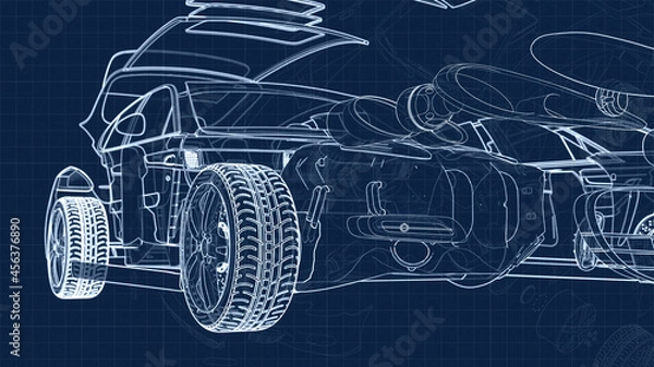 Fototapeta drawing of a car and its parts on a blue millimeter substrate