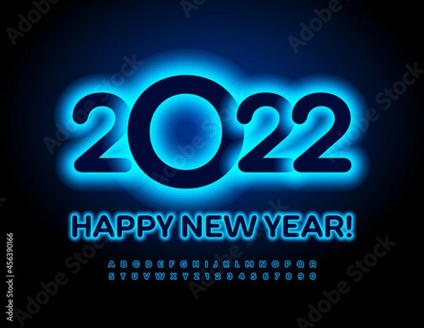Fototapeta Vector neon Greeting Card Happy New Year 2022! Glowing blue Font. Electric light Alphabet Letters and Numbers set