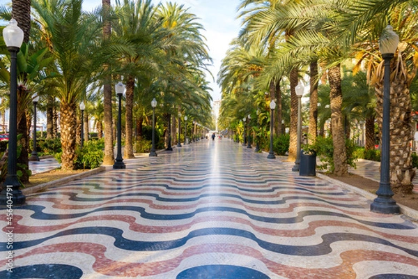 Fototapeta  Paseo de la Explanada with its palm trees and its characteristic pavement mosaics in the early morning. Alicante