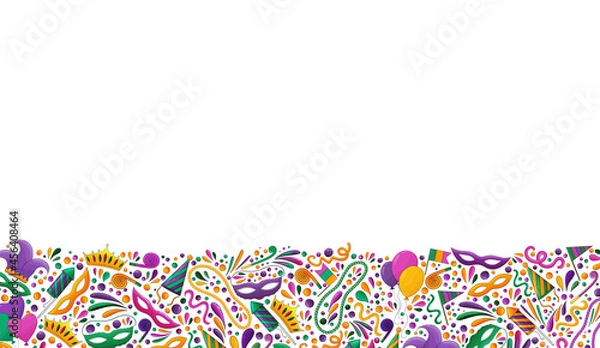 Obraz Mardi Gras backgrond. Mardi Gras beads, yellow, green, purple. Colorful carnival border. Mardi Gras banner, textile, fabric texture. Tradition carnival symbols, confetti, mask, firework, festive flags