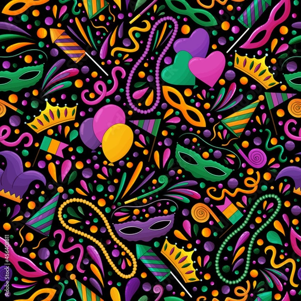 Obraz Mardi Gras pattern. Mardi Gras beads, yellow, green, purple. Colorful carnival backgroundr. Mardi Gras seamless print, textile, fabric texture. Tradition carnival symbols, confetti, mask, firework.