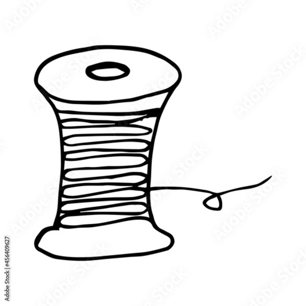 Obraz Hand drawn spool thread illustration. Spool of thread for needlework and sewing. Black and white vector illustration isolated on a white background.