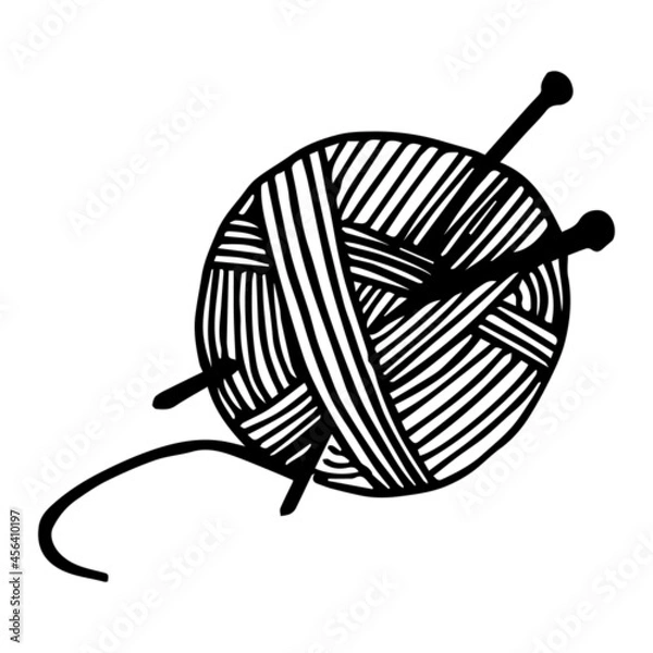 Obraz A skein of yarn with knitting needles in doodle style. Needlework, knitting. Black and white vector illustration. Isolated on white background design element