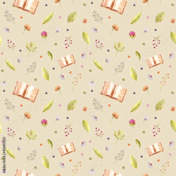Obraz Watercolor hand-drown seamless pattern with colorful flowers, leaves, book and envelope