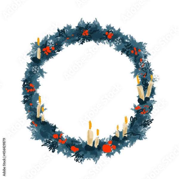Fototapeta Watercolor Christmas wreath with bright red berries and candles. New Year illustration in sketch technique.