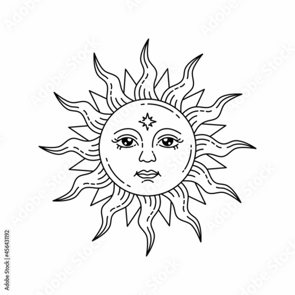 Obraz Celestial sun with face and opened eyes, stylized drawing, tarot card. Mystical element for design, logo, tattoo. Vector bohemian illustration isolated on white background.