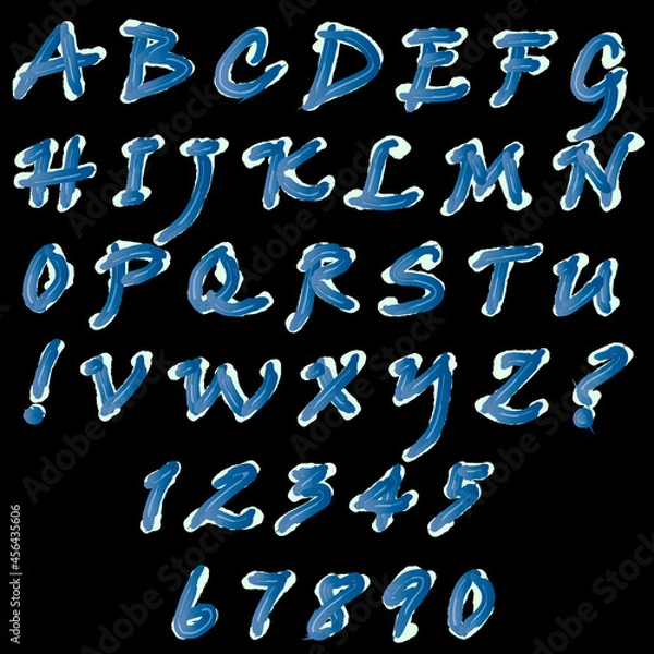 Fototapeta Vector set: capital letters of the Latin alphabet, exclamation, question marks and numbers: 1, 2, 3, 4, 5, 6, 7, 8, 9, 0. Winter texture. Blue letters with white snow on a black background.
