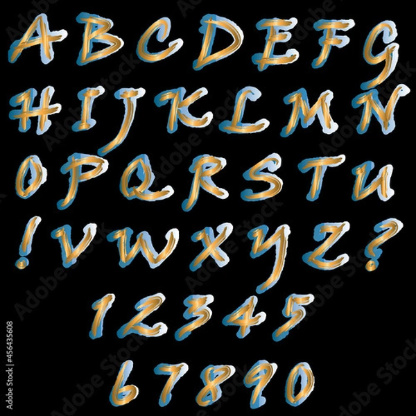Fototapeta Vector set: capital letters of the Latin alphabet, exclamation, question marks and numbers: 1, 2, 3, 4, 5, 6, 7, 8, 9, 0. Winter festive texture. Gold letters with snow on a black background.