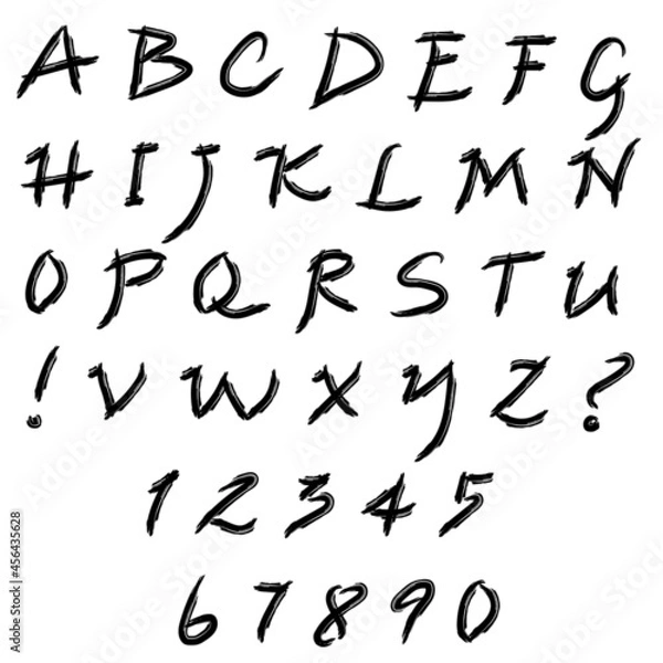 Fototapeta Vector set: capital letters of the Latin alphabet, exclamation, question marks and numbers: 1, 2, 3, 4, 5, 6, 7, 8, 9, 0. Written by hand. Black isolated elements on white background.