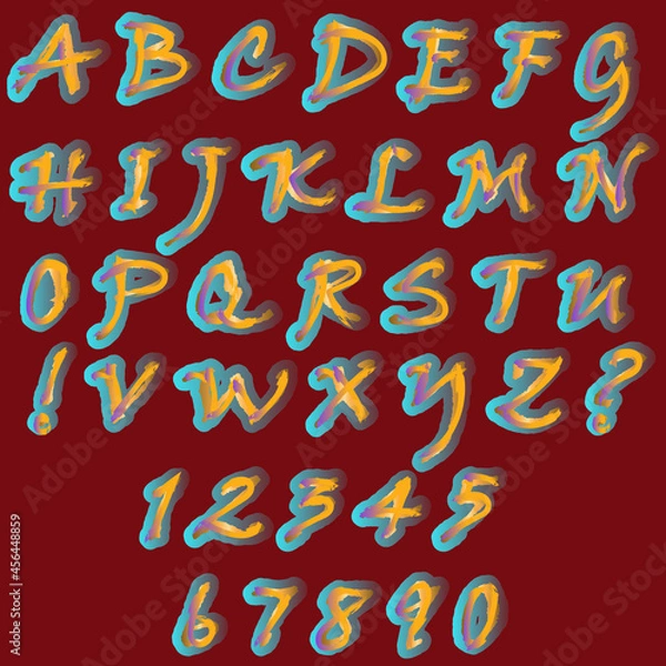 Fototapeta Capital letters of the Latin alphabet, exclamation, question marks and numbers: 1, 2, 3, 4, 5, 6, 7, 8, 9, 0. Vector set of elements with a gradient rainbow holographic fill. Handwritten with a brush.