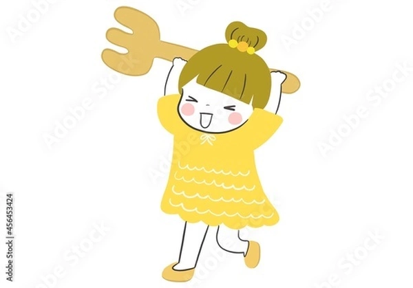 Obraz 笑顔でフォークを運びごはんの準備をするかわいい女の子