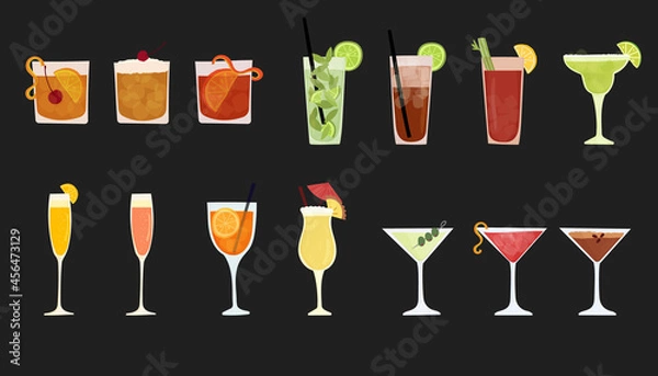 Fototapeta Hand drawn vector illustration set of popular alcohol drinks. Various cocktails. Isolated on white background