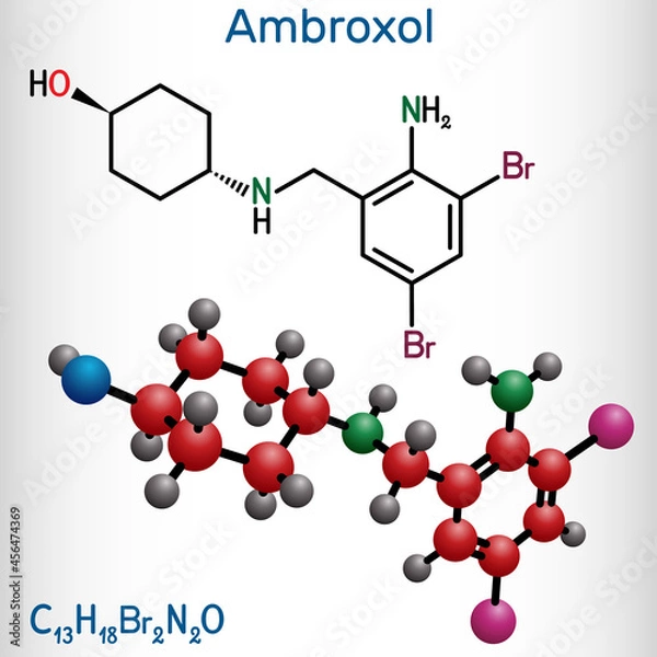 Fototapeta Ambroxol mucoactive drug molecule. It is aromatic amine, secretolytic and secretomotoric agent used in the treatment of respiratory diseases. Structural chemical formula and molecule model