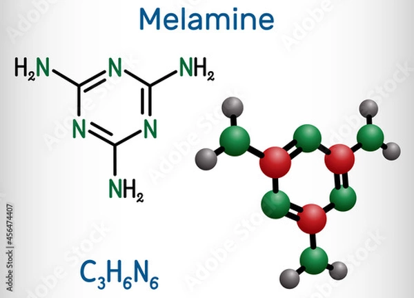 Fototapeta Melamine C3H6N6 molecule. It is used to produce melamine resins. Structural chemical formula and molecule model.