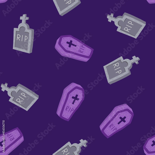 Obraz Cute coffin and headstone vector halloween seamless pattern on a violet background