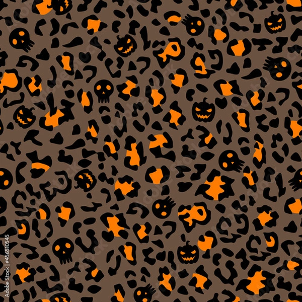 Obraz Halloween themed Leopard Pattern with Skulls and Pumpkins