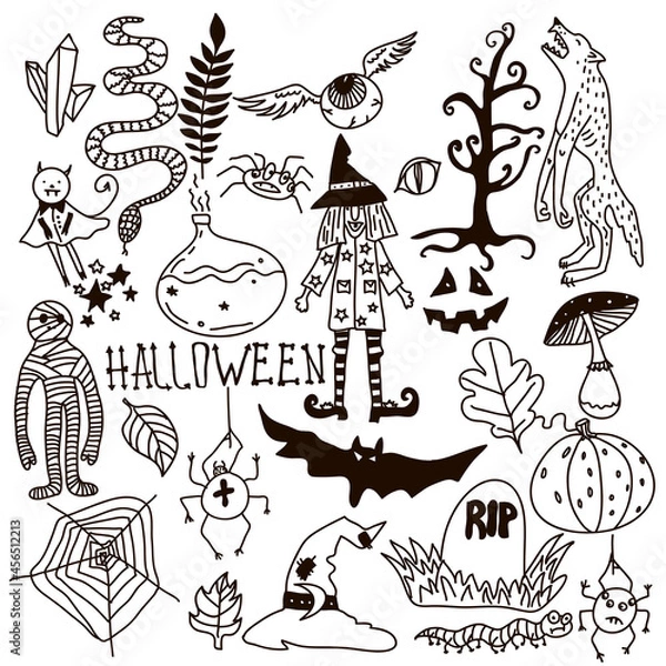 Fototapeta Halloween Doodle Set. Holiday Hand Drawn Vector Illustration with Pumpkins, Jack o Lantern, Skulls, Witch, Ghost, Bat, Candies, Black Cat, Werevolf, Spiders and so one.