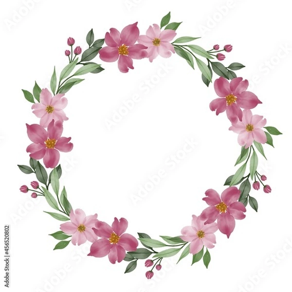 Obraz pink flower wreath, circle frame with pink flower and leaves border